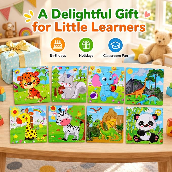 NASHRIO Wooden Puzzles for Toddlers Age 3-5, 8 Pack Animal and Dinosaur Jigsaw Puzzles, Preschool Educational Toys, Wooden Puzzle Set for Boys Girls Kids Age 3 4 5