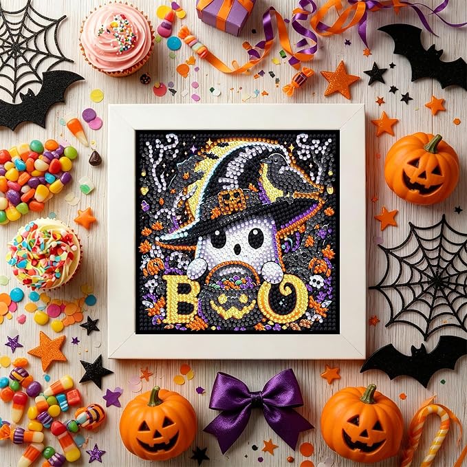 Gemozaic Halloween Diamond Art Kit for Kids Ages 6-8-12 with Frame, 7x7 in | Cute Spooky Diamond Art for Kids 10 Year Old, DIY Big Gem Arts and Crafts for Boys and Girls Birthday Gift, Home Wall Decor