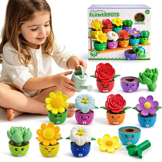 Montessori Flower Garden Building Toy for Girls & Boy, Toddler Gardening Set with 10 Shape & Number Flowers, Preschool Learning Matching & Stacking Game, Sensory Toys Gifts for 1 2 3 Year Old