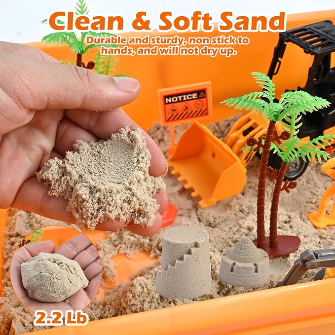 Faburo 34Pcs Sand Construction Site Kit Sensory Bin Toy for Toddler | 8 Vehicles, 6 Castle Molds, 5 Road Signs, 4 Worker Figures, 2.2lbs Sand, Sand Toy Birthday Gift for Kids Boy Age 3 4 5