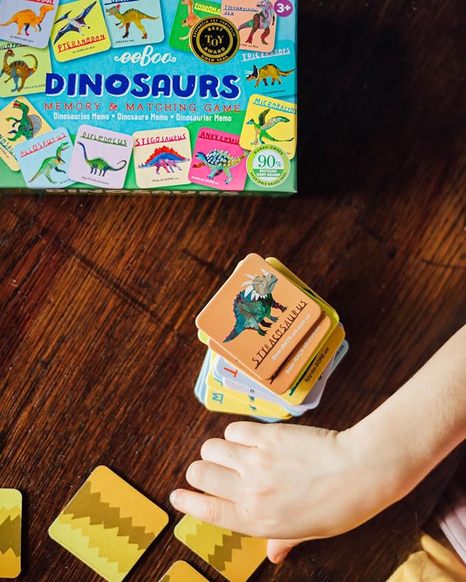 eeBoo Little Dinosaurs Memory & Matching Game, Ages 3+, 1-4 Players | Teaches dinosaur names & pronunciation. Sharpens recognition, concentration & memory skills. Includes 36 tiles, 18 pairs