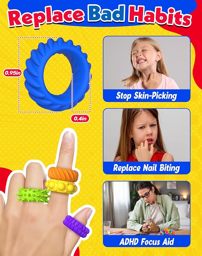 KLT Fidget Toys Bulk for Kids: 100pcs Textured Fidget Ring - Classroom Prize Box Quiet - Party Favors Gift Bags Stuffers - Sensory Bin Filler for ADHD Autism Kids Stress Relief