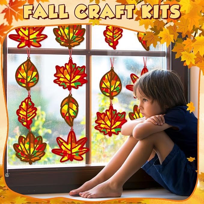 Qyeahkj 36 Set Fall Maple Leaves Suncatchers Crafts for DIY Autumn Window Tissue Paper Crafts Kit Thanksgiving Maple Hanging Decor for Fall Home Activity Art Project Birthday Party Favor Gift