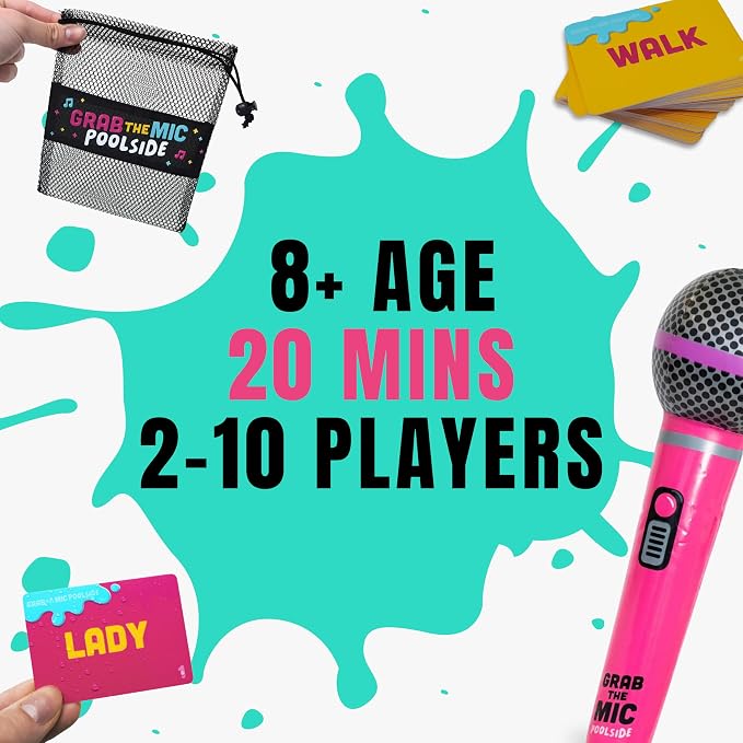 Grab The Mic: Poolside, Waterproof Karaoke Game for Family Pool Days | 100 Waterproof Cards, Inflatable Microphone. Perfect For Pool Parties, Beach Trips And Vacations.