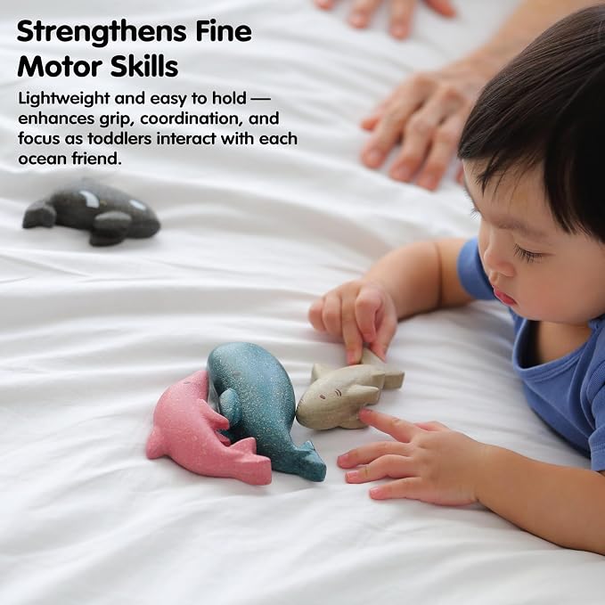 PlanToys® Wooden Sea Life 4-Piece Set, Dolphin, Orca, Whale & Shark Kids Toy