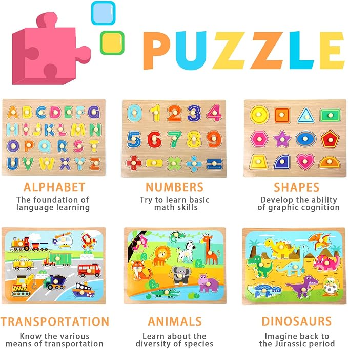 WOOD CITY Toddler Puzzles and Rack Set, Wooden Peg Puzzles Bundle with Storage Holder Rack, Educational Knob Puzzle for Kids Age 3 4 Years - Alphabet Number Shape Dinosaur Animal Vehicle