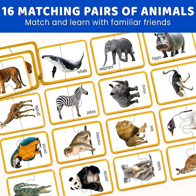 QUOKKA Toddler Puzzles Ages 2-4 – 100% Self-Correcting 16 Realistic Matching Wild Animals – Educational Toddler Puzzles Ages 1-3 with 32 Pieces - Memory Matching Games for 3-5 Years Old Boys and Girls