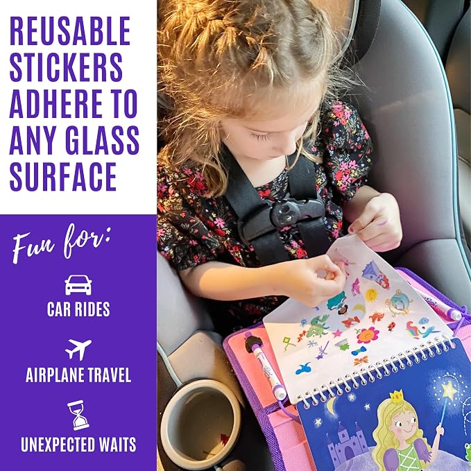 Totebook Kids Travel Activity Kit with Tethered Dry Erase Markers - Mess Free Car & Plane Activities for Toddlers Ages 4-6, Reusable Stickers, Mazes, Search and Find (Princess Theme)