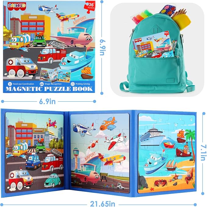 Magnetic Puzzles for Kids Ages 4-6, 20-Piece Preschooler Travel Toys Transportation Puzzles Ages 3-5, Educational Learning Magnets, Ideal Road Trip Activities Toys for 3 4 5 6 Boys and Girls