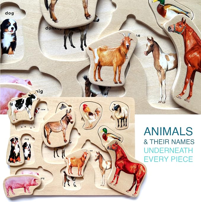 Wooden Puzzles for Toddlers 1-3 - 3 Montessori Kid Puzzles Ages 2-4 | Realistic Toddlers Puzzle for Kids 3-5 Year Old Boy and Girl - Wood Learning Toy with Animals for Children