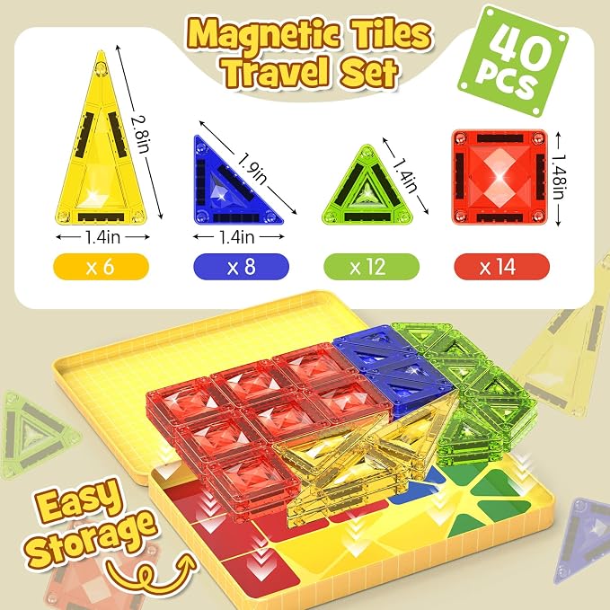 40PCS Magnetic Tiles Travel Storage Diamond Blocks 10% Thicker 3+ | Magnetic tiles with diamond texture & yellow box. Great for travel, car rides, Montessori play & on-the-go fun
