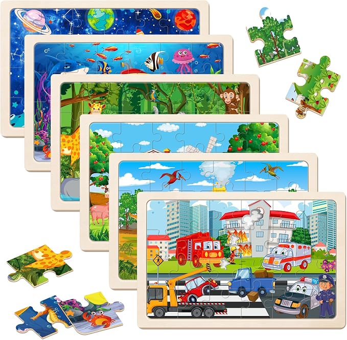 6 Packs Puzzles for Kids Ages 4-6,24Pcs Wooden Puzzles for Kids Ages 3-5 | Dinosaur,Animals,Vehicle,Space,Farm, Jigsaw Puzzles,Preschool Educational,Toys Gifts,for Children,Ages 3+Year Olds,Boys Girls