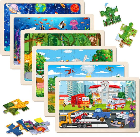 6 Packs Puzzles for Kids Ages 4-6,24Pcs Wooden Puzzles for Kids Ages 3-5 | Dinosaur,Animals,Vehicle,Space,Farm, Jigsaw Puzzles,Preschool Educational,Toys Gifts,for Children,Ages 3+Year Olds,Boys Girls