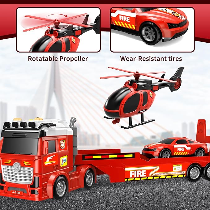 Boys Fire Truck Toy, 25" Large Friction Semi Truck with Helicopter & Race Car, Lights & Sounds, Suitable for Ages 3-8