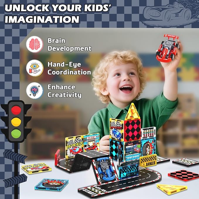 Magnetic Tiles Road Set, Rail Race Track with 2 Racer Cars, Magnetic Car Racing for Kids Ages 3 4 5 6 7 8, Magnet Building Blocks STEM Toy Birthday Gifts for 3＋ Years Old Boys Girls