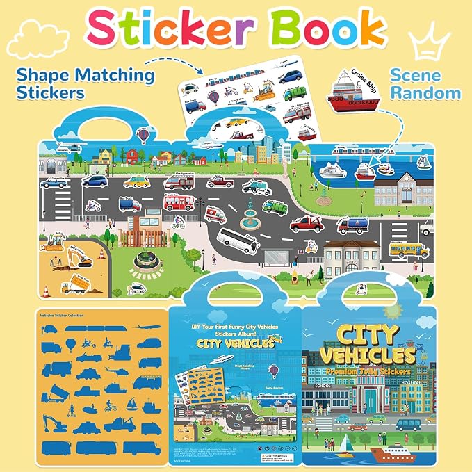 Reusable Sticker Book for Toddlers 3-6, Jelly Stickers for Kids, Sticker Activity Book Travel Toys for Car & Airplane, Educational Learning Gifts for Boys and Girls (Vehicles Cars theme)