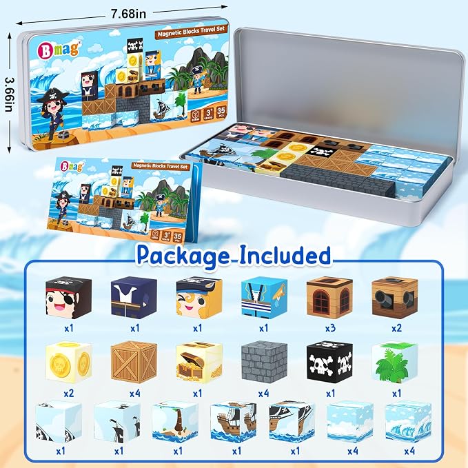Bmag Magnetic Building Blocks Pirate-Themed Set 35 Pcs, Designed for STEM Education and Group Activity for Kids Aged 3+, Packaged with Storage Box as Gifts for Boys and Girls