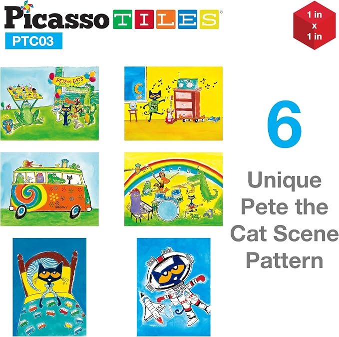 PicassoTiles Magnetic Tiles Pete the Cat Magnet Puzzle Cube Set 6 Cartoon Theme Mix and Match Brain Teaser STEM Educational Toy for Kids Toddlers Preschool Age 3 Plus Sensory Learning Play Kit PTC03