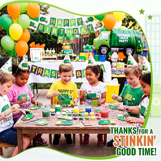Saypacck 24 Pcs Garbage Truck Party Favors Wooden Paint Craft Kits | Kids DIY Wooden Craft, Trash Truck Cutout with Paints Brushes, Birthday Party Goodie Bags Fillers, Thank You Gifts