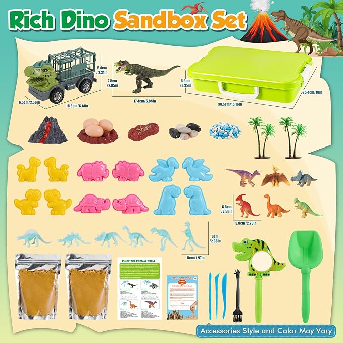 FRUSE Dinosaur Sensory Bin with Dinosaur Toys and 2.2lbs Play Sand for Kids | Play Sand Art Kit, Sandbox with Lid, Glow in the Dark Dinosaurs, Dino Magnifying Glass, Sand Toys, Learning Toys, Kids Gifts