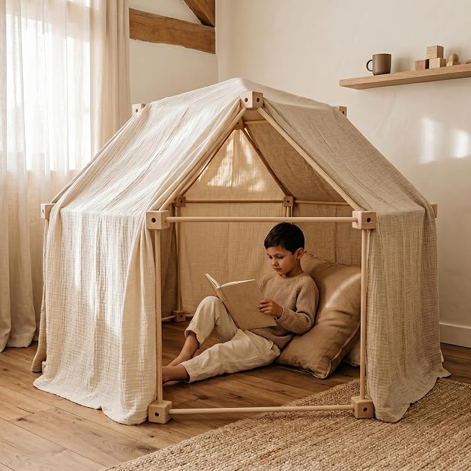 Little Genius Wooden Fort Building Kit for Kids – 68 PCS Beech Wood Fort Builder | Fort Building Kit for Kids 4-8 & 8-12 | STEM Indoor Fort Kit | Build a Fort | Includes Storage Bag & Assembly Book