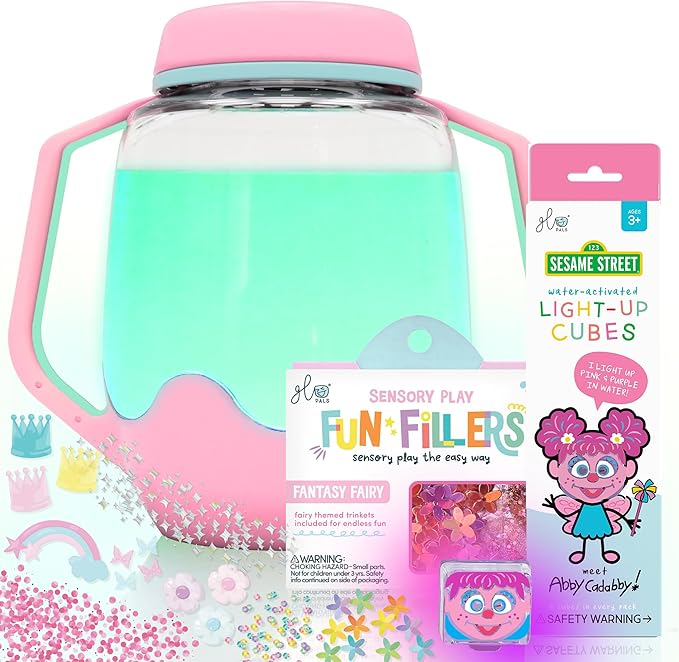 Glo Pals Play Pack Bundle, Jar, Light Up Cubes & Fillers, Abby Cadabby | Sesame Street Character Water-Activated Bath Toy Cubes Glow Pink and Purple, Light-Up Sensory Jar, Themed Fun Fillers