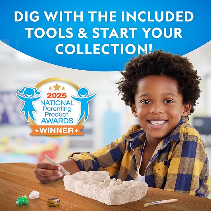 National Geographic Gemstone Dig Kit with 10 Real Gemstones for Kids | Amethyst, Quartz & Tiger's Eye, Gem Mining Activity, Excavation Tools, Rock Collection, Geology Science, Birthday Gift