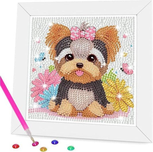 Gemozaic Dog Diamond Art Kits for Kids Ages 8-12 with Frame, 7 x 7 Inch | Cute Yorkshire Diamond Art for Kids 10 Year Old, DIY Easy Kid Big Gem Painting, Puppy Arts and Crafts for Girl Birthday Gift
