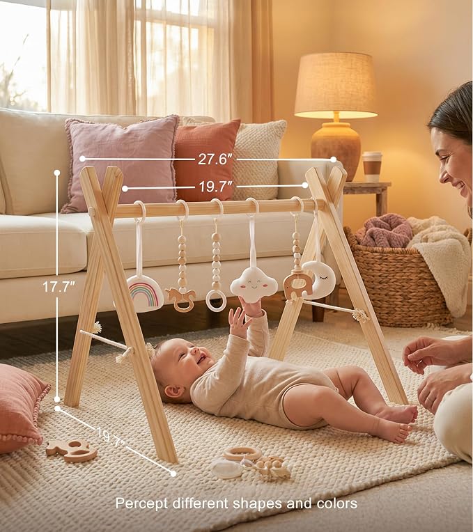 Mallify Wooden Baby Gym with 6 Gym Toys, Foldable Baby Play Gym, Natural Pine Wood Play Gym, Frame Activity Center Hanging Bar, Wooden Play Gym