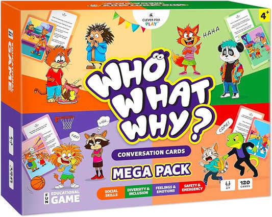 Who What Why Mega Pack Conversation Cards, Speech Therapy Game, Ages 4+ | 120 picture cards, WH questions, speech delay support, counseling tools, social skills, communication, classroom and therapy