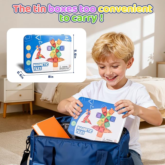 Mini Travel Magnetic Tiles,1.5Inch Magnet Building Blocks Toddler Essentials Set Portable Construction Toys for Airplane Car Kid Aged 3+ Birthday Gift