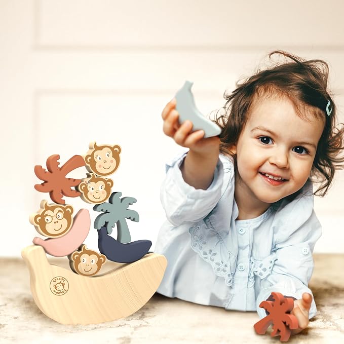See Saw Game, Wooden Stacking Blocks, Balance Beam with Bananas, Palm Trees & Monkeys, Enhances Color Knowledge, Logic & Fine Motor Skills, Non-Toxic Paint For Kids | monkeys, bananas, palm trees, see saw game, sorting & stacking toys, montessori toys,...