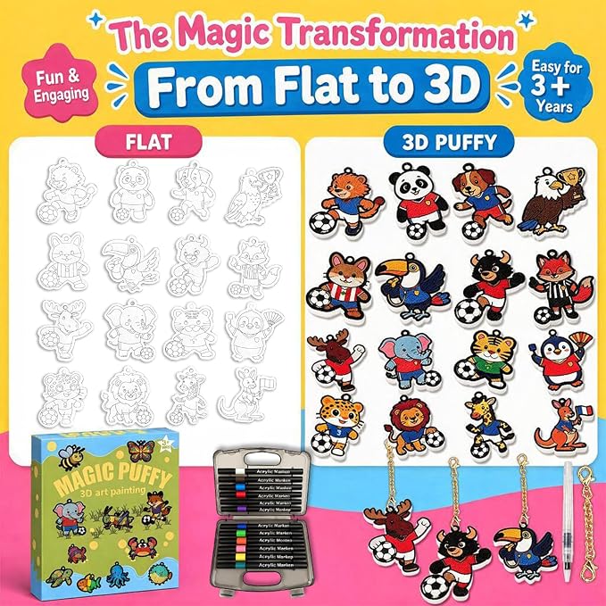 MWOMGLP Magic Foam Texture Painting Kit, 16 Pack DIY Puffy Foam Art Craft Set for Kids, 3D Sensory Painting Paper with Colorful Foam Sheets, Creative Gift for Boys Girls Ages 3+(Animal Football)