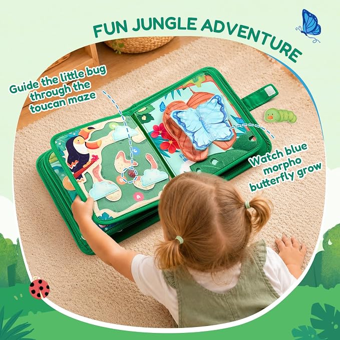 JoyCat Jungle Busy Board for Toddlers 2-4, 25 in 1 Busy Book | support fine motor practice, counting, matching, problem solving, pretend play, and screen-free fun at home or on the go