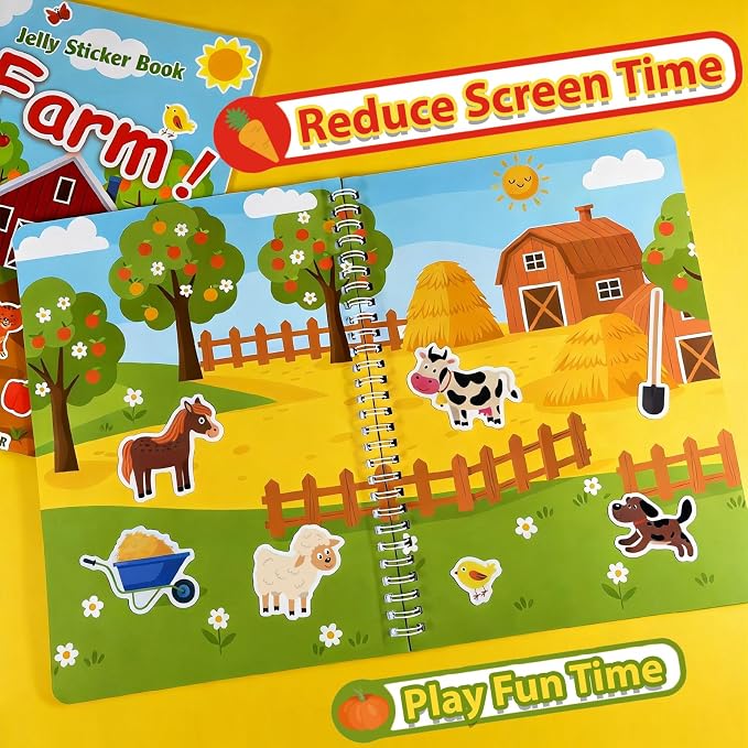 Reusable Sticker Book for Kids 1-3, Jelly Sticker Books for Toddlers 2-4 Years, Toddler Easter Basket Stuffers＆Travel Essentials Farm Stickers for Kids Toddler Plane Activities (Farm)