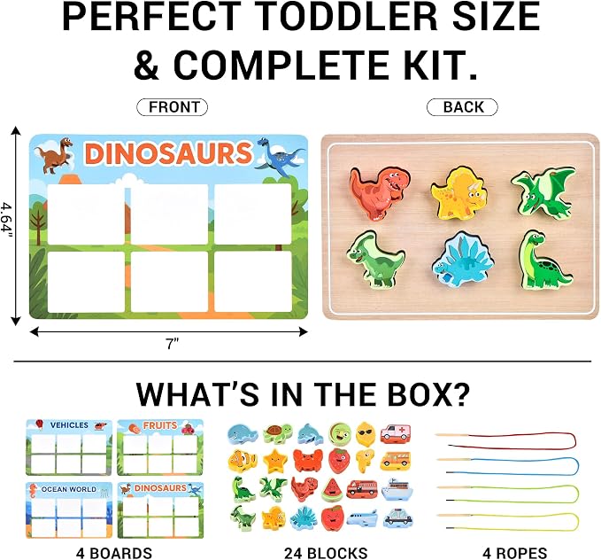 Montessori Wooden Toys for Toddlers 2 3 4: 3-in-1 Theme Sorting, Shape Matching & Color Learning Set - Dinosaur Ocean Vehicle Fruit Chunky Boards - Fine Motor Skills Speech Therapy Gifts