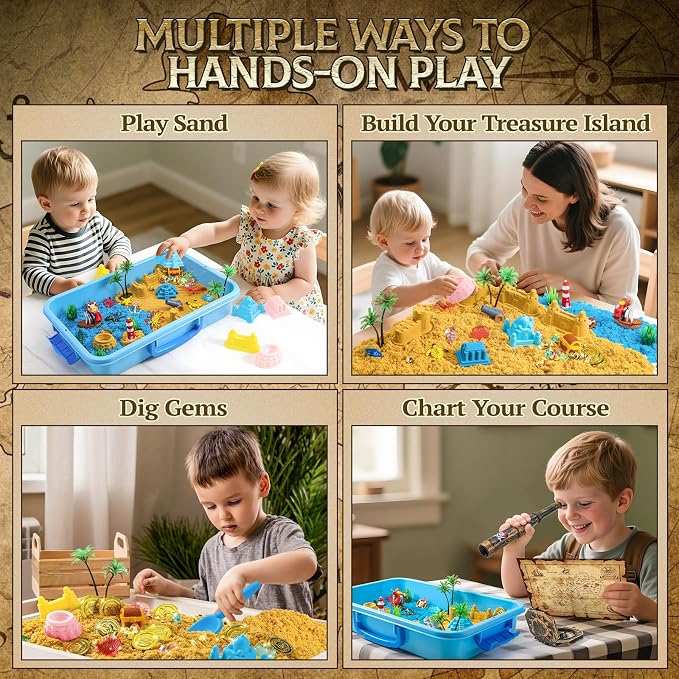 KNASON Pirate Treasure Chest Sensory Bin with Glow in The Dark Gems and Map | 2.2lbs Sensory Play Sand Kit, Sandbox with Lid, Pirate Toys, Spyglass, Compass, Sand Toys Gift for Boys Kids Ages 3-8