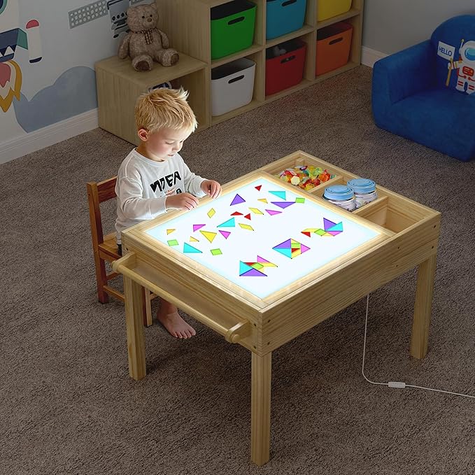 GDLF Sensory Light Table for Kids, 3-in-1 Activity Table with Storage | Interchangeable tops support brick play, tracing and art; 3-color dimmable LED, side bins and paper roll holder for ages 3+