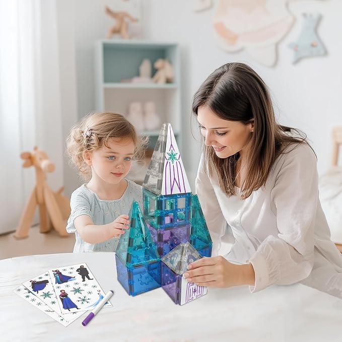 Tytan Toys Disney Frozen Magnetic Tiles Princess Castle - 41-Piece STEAM Building Set with Glitter Tiles & Elsa, Anna, Olaf Stickers - Educational Frozen Toys for Girls Age 3-4+