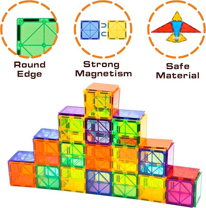 CuteTiger Magnetic Tiles, Magnet Tiles, 100 Pcs Magnetic Building Blocks No Cars, Square Building Castle, Preschool Toys, STEM Stacking Construction Montessori Toys for Kids