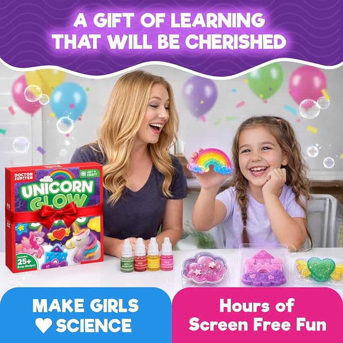 Doctor Jupiter Glow in The Dark - Unicorn Soap Making Kit for Kids Ages 6+ | Unicorn Toys, Birthday Gift Ideas for Girls 6,7,8,9,10 Year Olds, Science Kits for Kids Ages 5-7-8-12, STEM Toys, DIY Craft