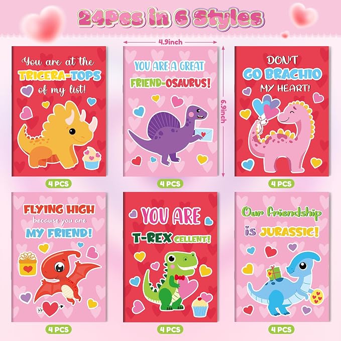 Dvbonike 24Pcs Valentine's Day Dinosaur Coloring Books - DIY Color-in Pages Booklet Bulk Sweet Message Drawing Pattern Party Favor Gifts Home School Classroom Rewards Art Activity Supplies for Kids