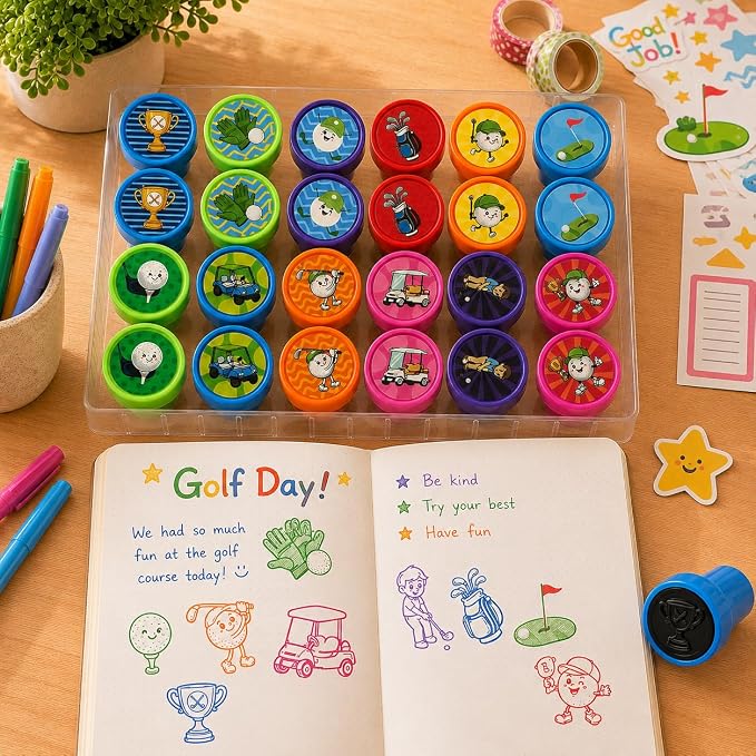 Cinrobiye 24 Pcs Golf Stampers Party Favor Set, Cute Sports Golf Stamps for Kids Birthday Party, Classroom Rewards, Carnival Prizes, Goody Bag Fillers, Sports Themed Party Supplies