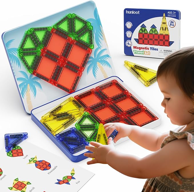 Mini Magnetic Tiles Travel Set: Holds 5+ Blocks, Strong Magnets for Car | 26PCS iron box, 45s quick storage. Ideal for plane & restaurant play, STEM toy for ages 3-8.