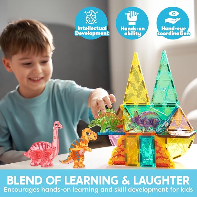 SYNCFUN Magnetic Building Tiles Dinosaur Set for Kids, 50PCS Including 5 Cute Dinosaurs, Educational STEM Toy for Boys & Girls Ages 3-5 4-8, Christmas Birthday Party Gift
