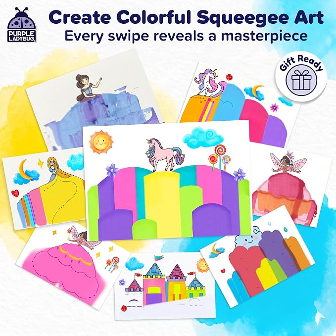 Squeegee Rainbow Squeeze Art Kit for Kids - Princess & Unicorn Design | Kids Stickers Included, Mess Free Paints, Girls Birthday Gifts Age 6-7 8 10, Develops Fine Motor Skills, STEAM Activity