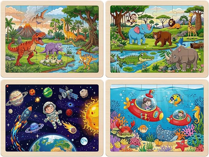 Wooden Puzzles Dinosaur Toys for Kids Ages 4-6, 4 Packs 24 Piece | Wooden Jigsaw Puzzles Preschool Educational Learning Toys Gifts for 3 4 5 6 Year Old Boys and Girls