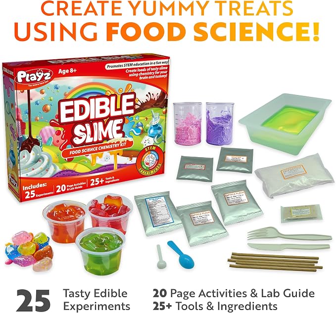 Playz Edible Slime Candy Making Kit for Kids Age 8-12 Years Old w/ 25+ Fun | Science Experiments, DIY Chemistry kit for kids Rock, Gummy, Chocolate, Hard candy maker, STEM Toys/gift for Girls and Boys