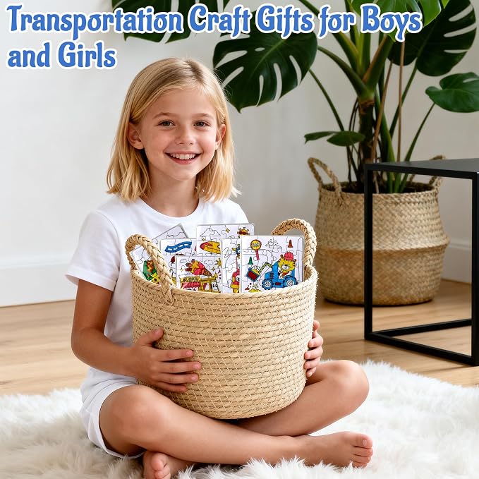 Transportation Puzzle Craft for Kids-Train Party Favors DIY Activities Toys | 24Pcs Color Your Own Car Blank Jigsaw, Fall Classroom Gift for Toddlers & Adults Art Party Favors Coloring Game Supplies Bulk