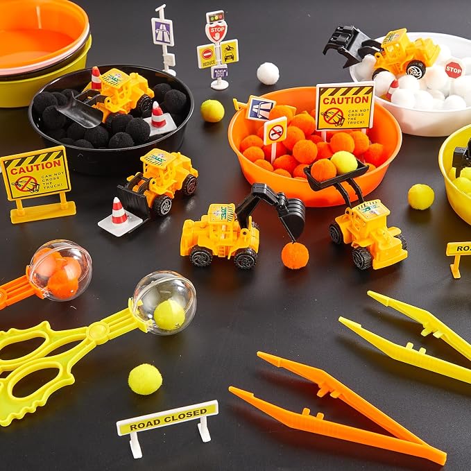 OBUSATT 200 Pcs Construction Sensory Bin Filler Toys with Storage Box - Fine Motor Counting Sorting Set Montessori Traffic Signs Pompoms Vehicles Educational Activities for Kids Toddlers Preschool